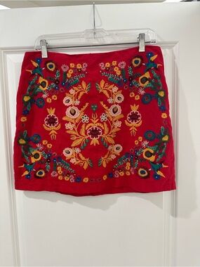 Altar'd State Red Mini Skirt with Multicolor Floral Embroidery
